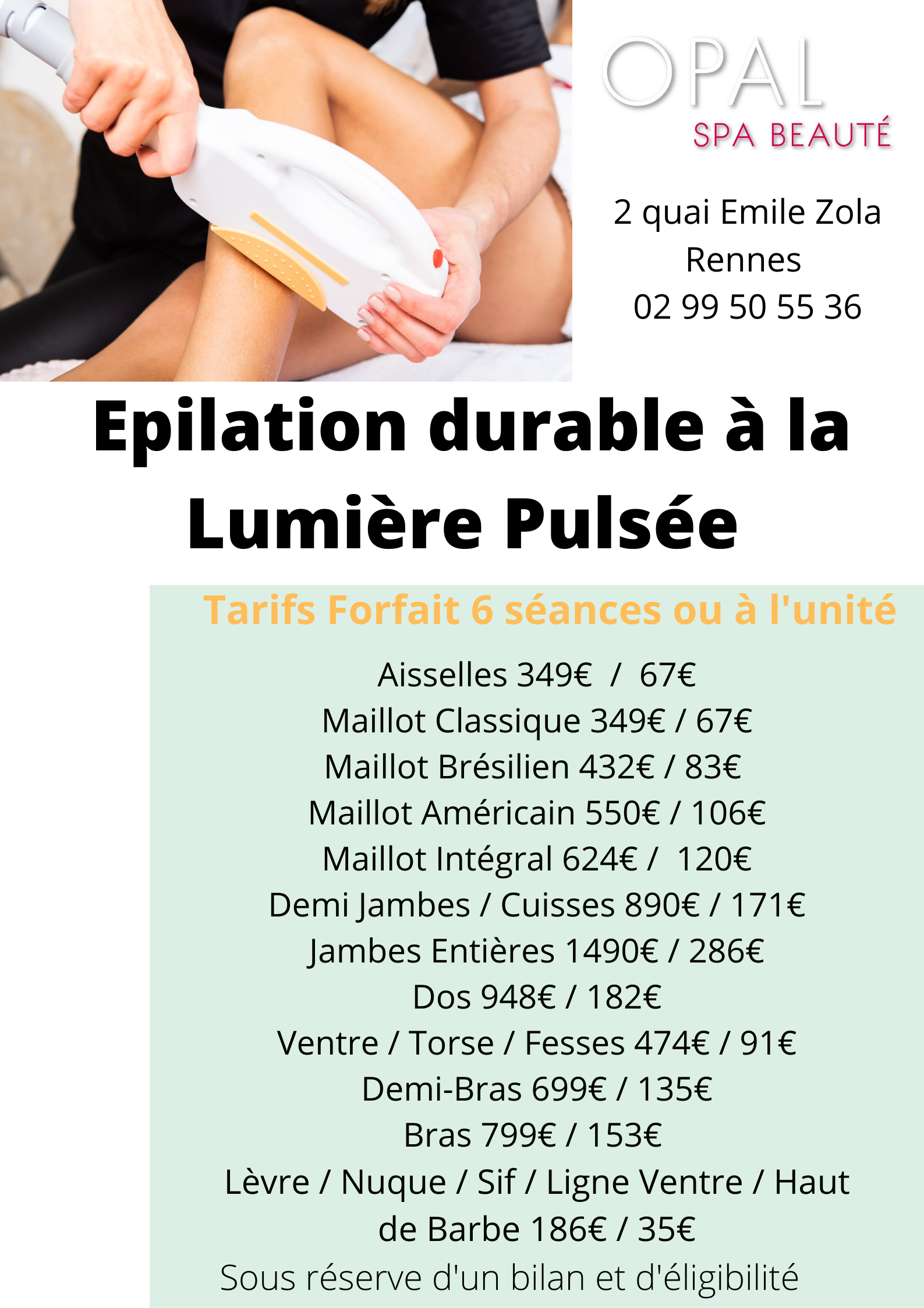 Tarifs épilation lumière pulsée